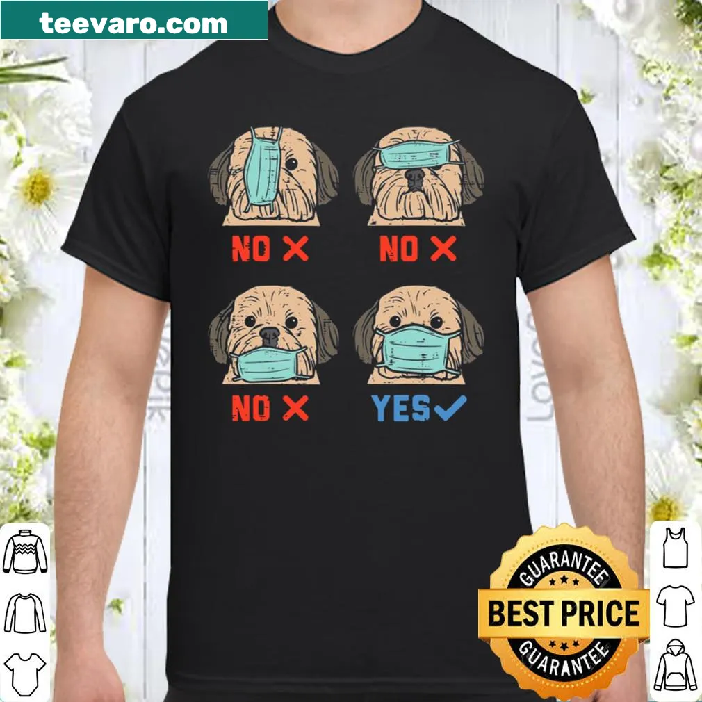 Cute Shih Tzu wearing a mask on a shirt, promoting social distancing.