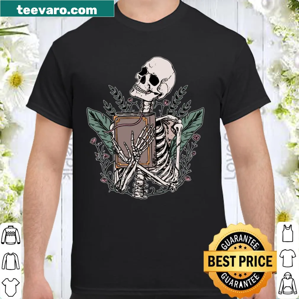 Gothic shirt featuring a skeleton and spell book design