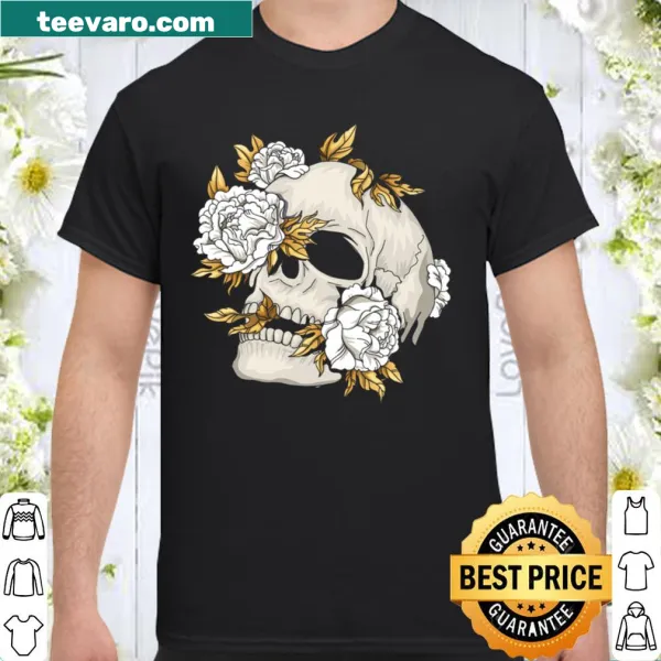 Gothic skull and flower design on a shirt expressing witchcore style