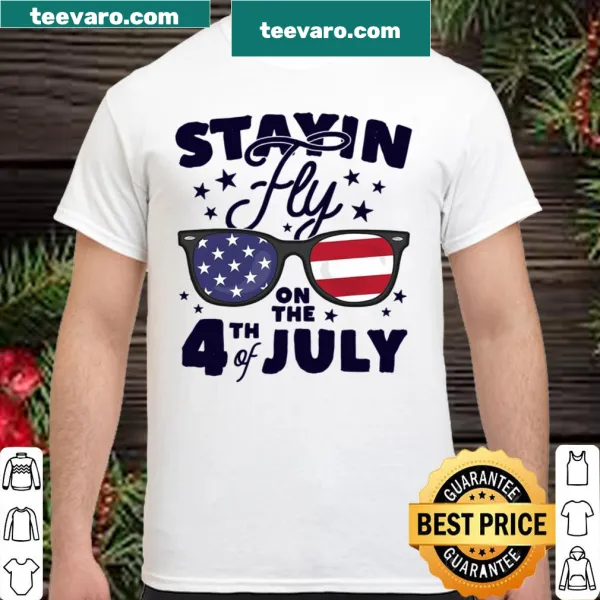 Patriotic kids shirt with sunglasses and 'Staying Fly On The 4th Of July' text