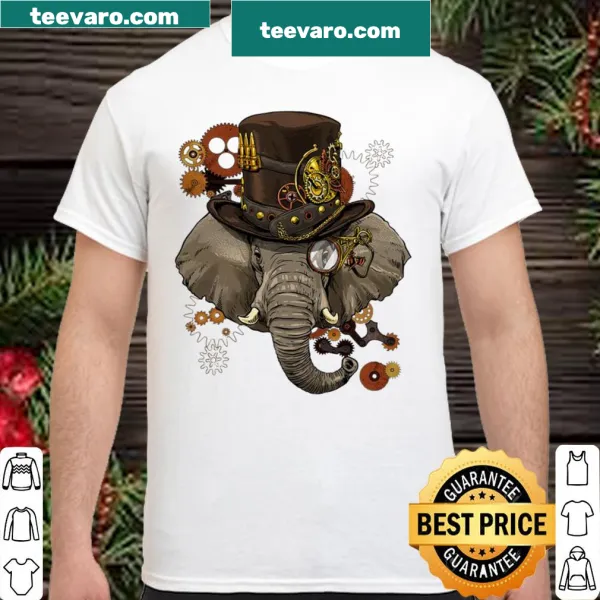 Vintage-style steampunk elephant illustration on casual shirt