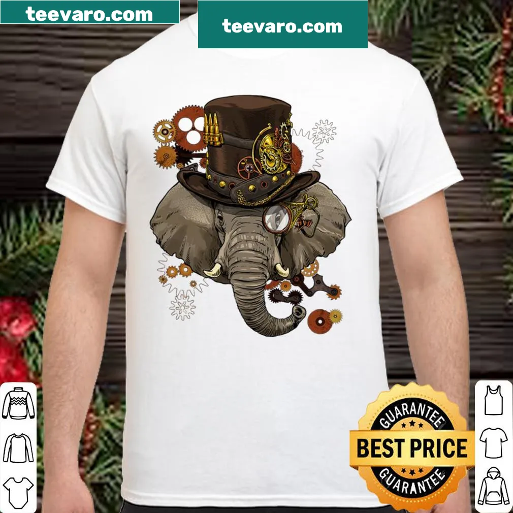 Vintage-style steampunk elephant illustration on casual shirt — on a women's shirt