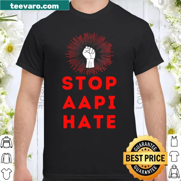 Bold shirt advocating to stop AAPI hate with impactful text.