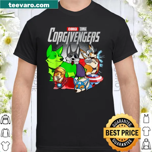 Cartoon super corgis in a superhero theme on shirt.