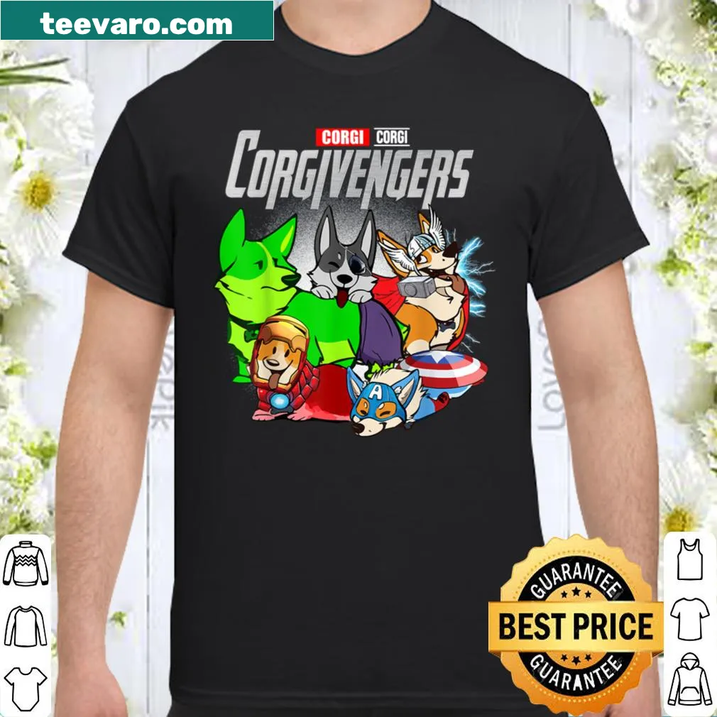 Cartoon super corgis in a superhero theme on shirt.
