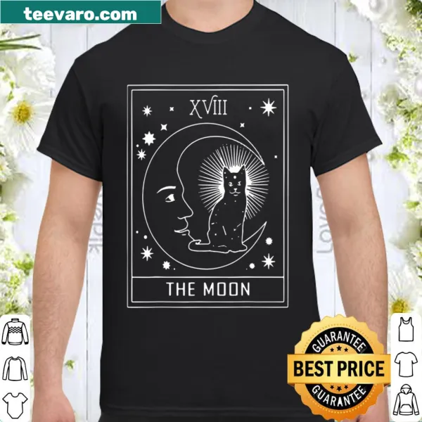 Crescent moon and cat illustration in tarot style on a t-shirt.