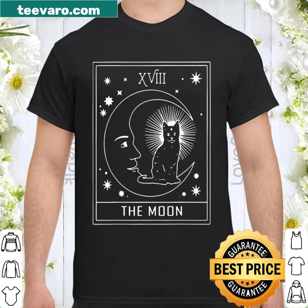 Crescent moon and cat illustration in tarot style on a t-shirt.