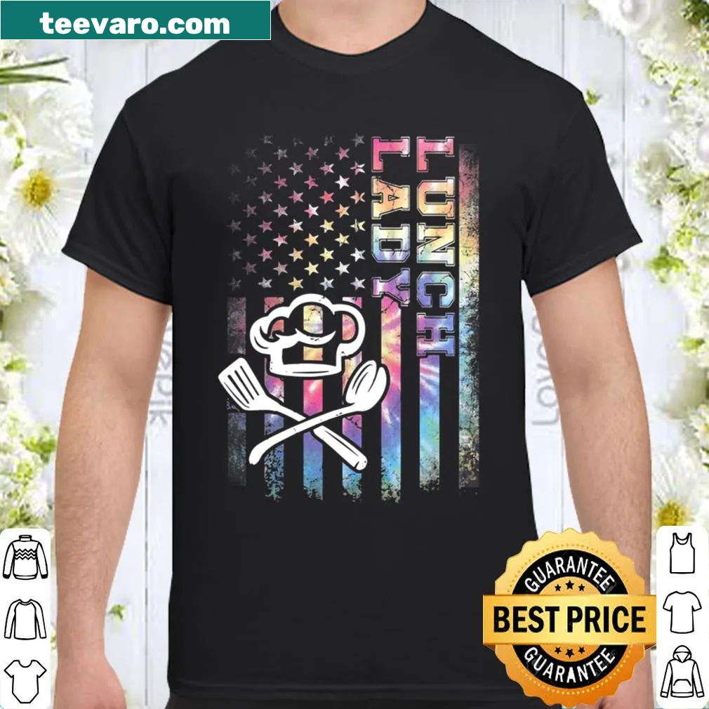 Tie dye lunch lady costume shirt with US flag illustration