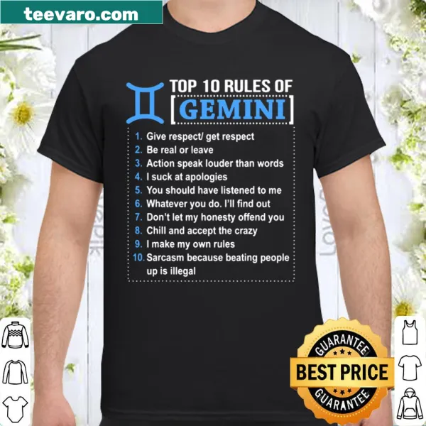 Gemini zodiac shirt with top 10 humorous rules for Gemini