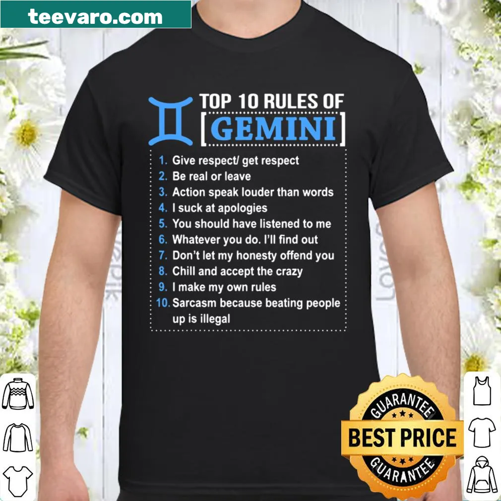 Gemini zodiac shirt with top 10 humorous rules for Gemini