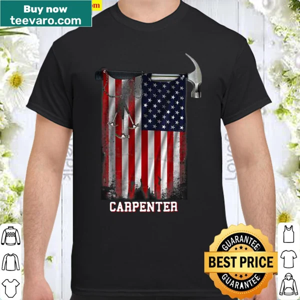 Patriotic shirt with American flag and carpentry tools graphic.