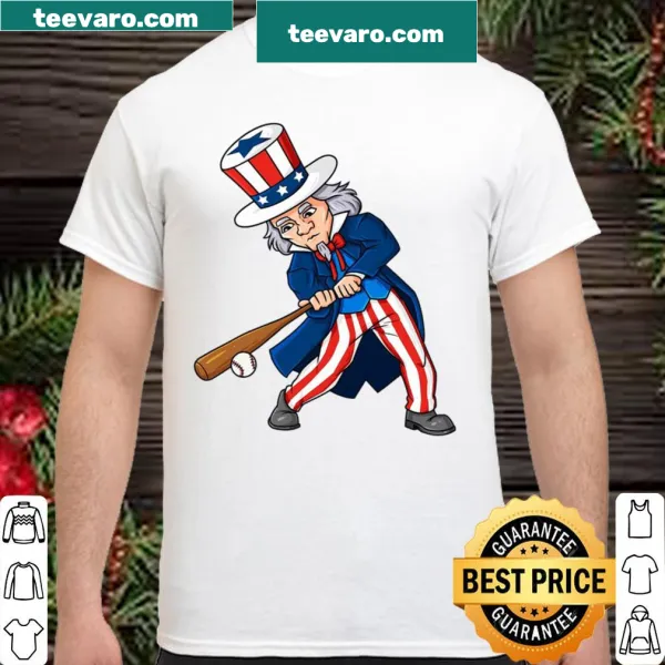 Illustration of Uncle Sam playing baseball for 4th of July celebration