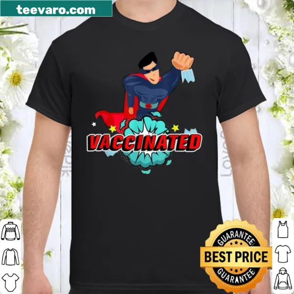 Pop art superhero shirt with 'Vaccinated' badge