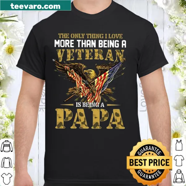 Camouflage t-shirt for veteran dads with eagle and flag design.