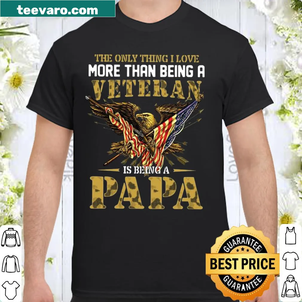 Camouflage t-shirt for veteran dads with eagle and flag design.