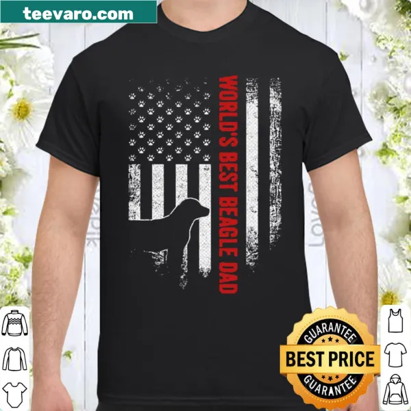 Shirt with a beagle silhouette and American flag, stating 'World's Best Beagle Dad.'