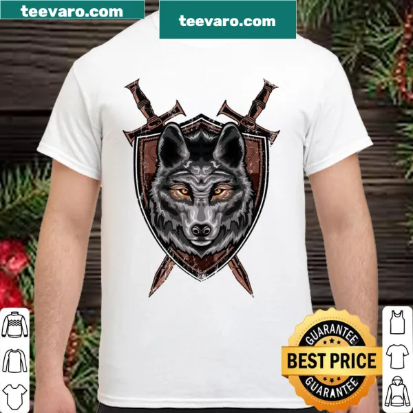 Medieval knight-themed shirt with wolf, sword, and shield design