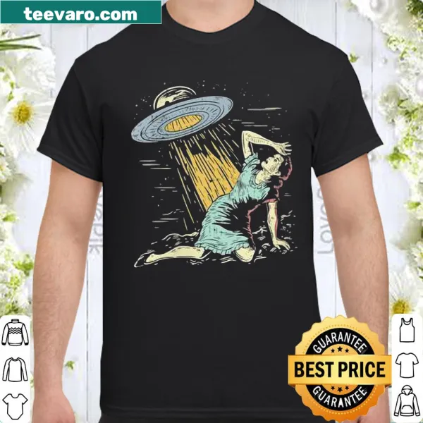 Whimsical shirt with alien and UFO abduction illustration
