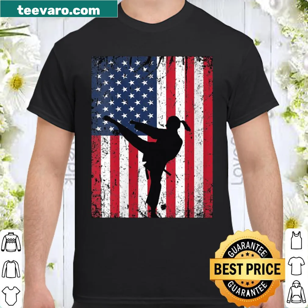 Patriotic women's shirt with American flag and karate illustration