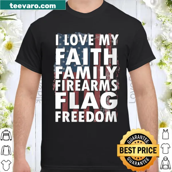 Typography shirt expressing love for faith, family, and freedom