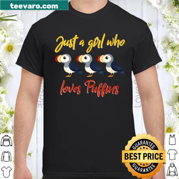 Illustrated puffin design with text saying 'Just A Girl Who Loves Puffins'