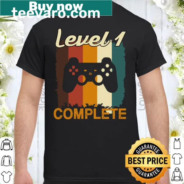 Vintage-style anniversary shirt with humorous 'Level 1 Complete' graphic