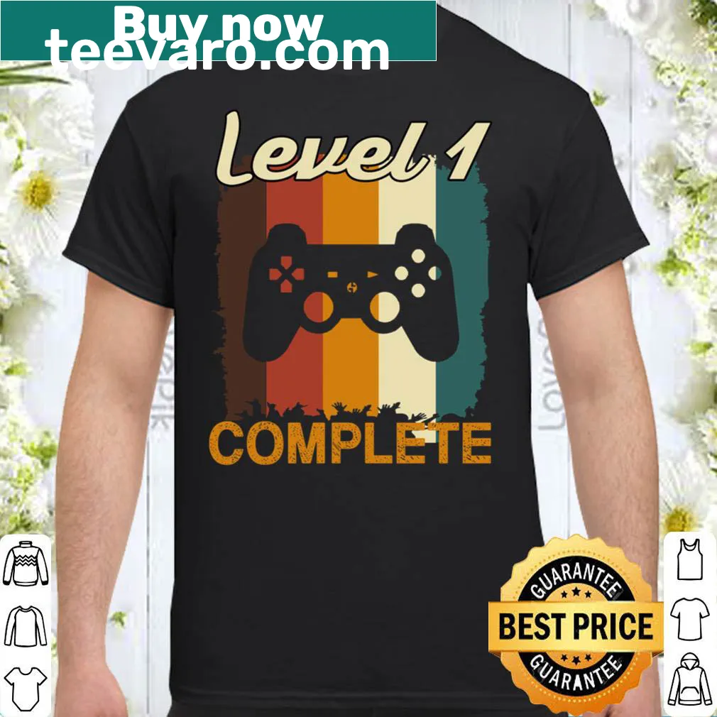 Vintage-style anniversary shirt with humorous 'Level 1 Complete' graphic