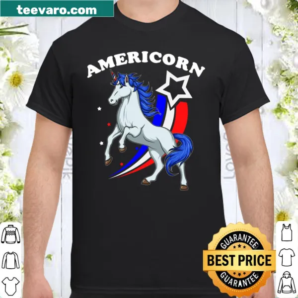 Americorn t-shirt featuring a unicorn with an American flag design.