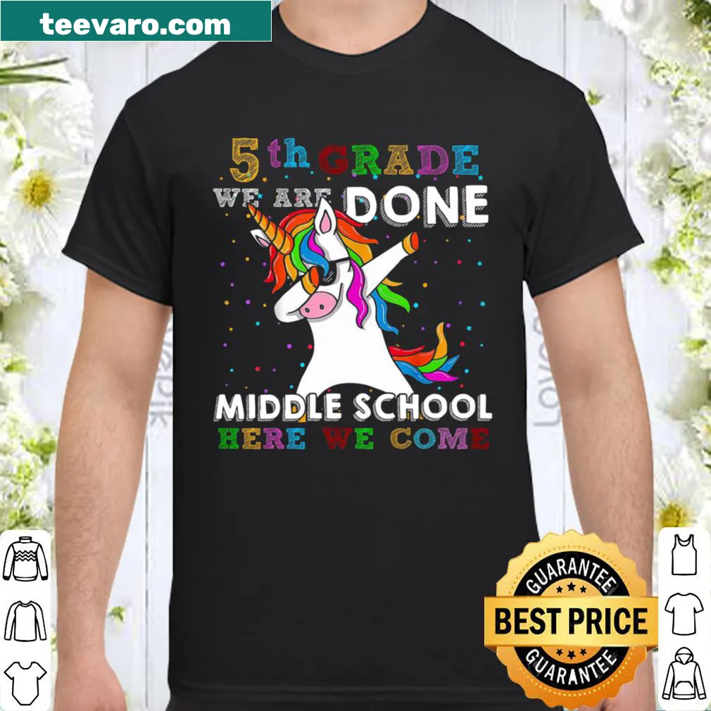 Bold text shirt for fifth graders expressing relief about school.