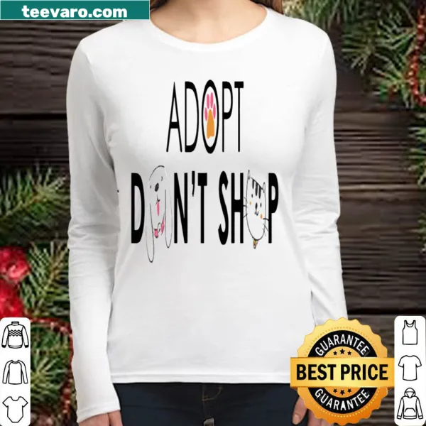 T-shirt promoting pet adoption with the message 'Adopt Don't Shop'.