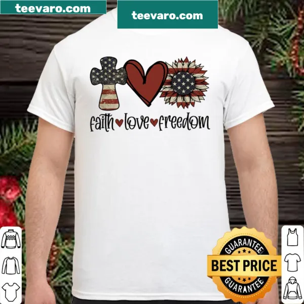 Shirt featuring America flag, sunflowers, and faith symbols for July 4th