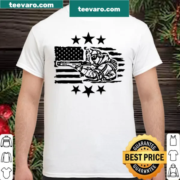 Army-themed shirt featuring the American flag and soldier tribute.