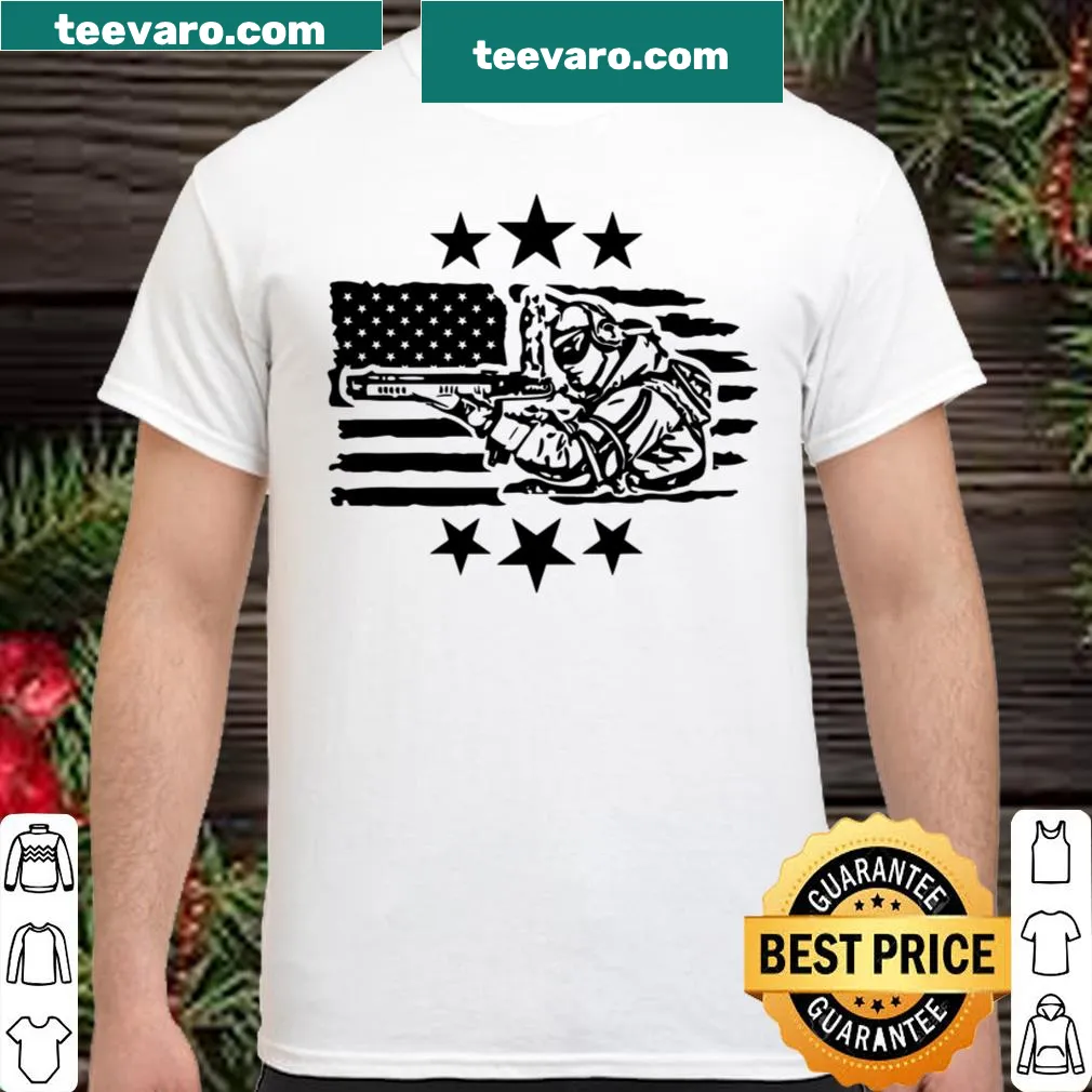 Army-themed shirt featuring the American flag and soldier tribute.