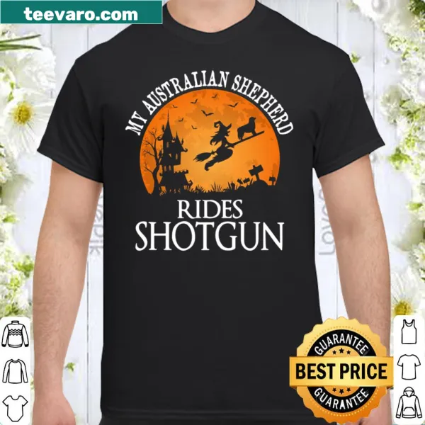 Illustrated shirt featuring an Australian Shepherd ready for a ride.