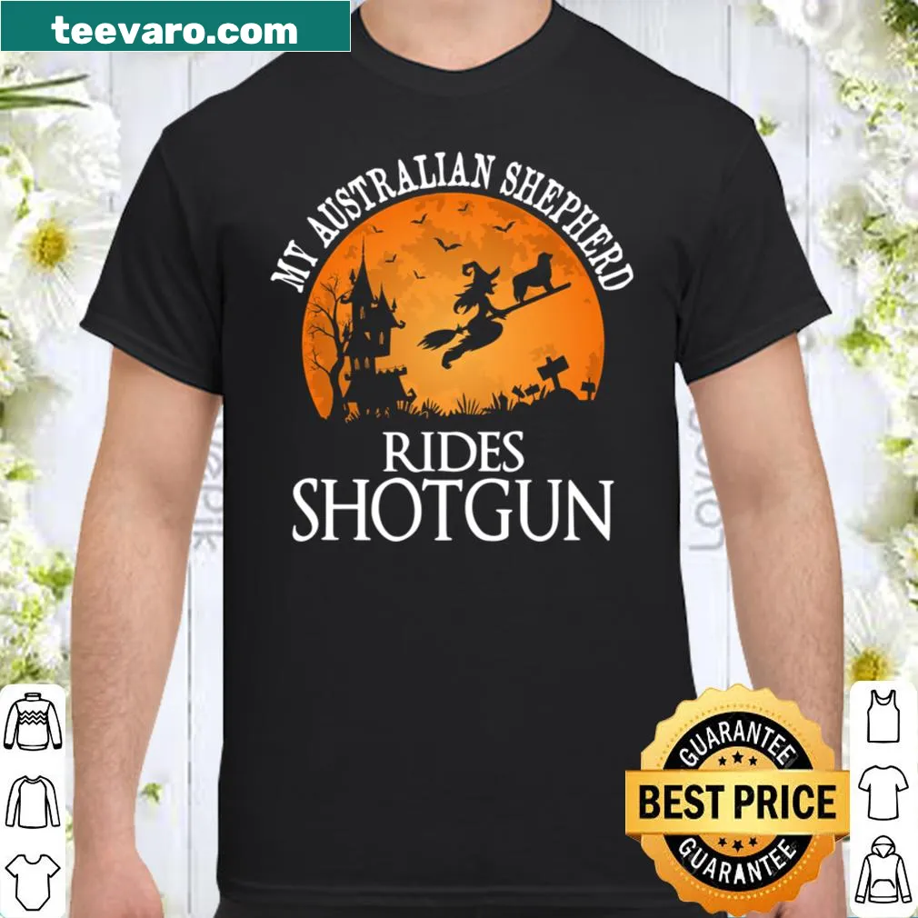 Illustrated shirt featuring an Australian Shepherd ready for a ride.