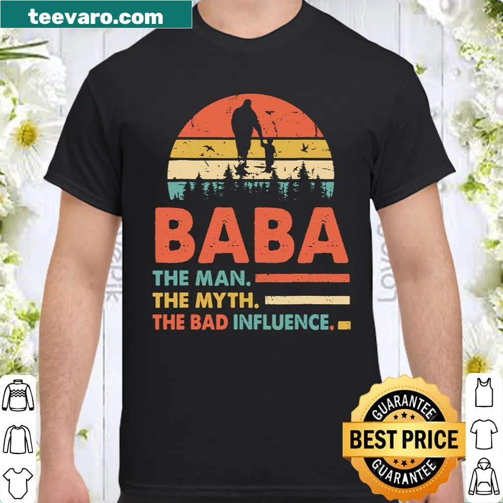 Graphic tee with text 'The Man The Myth The Bad Influence' for dads