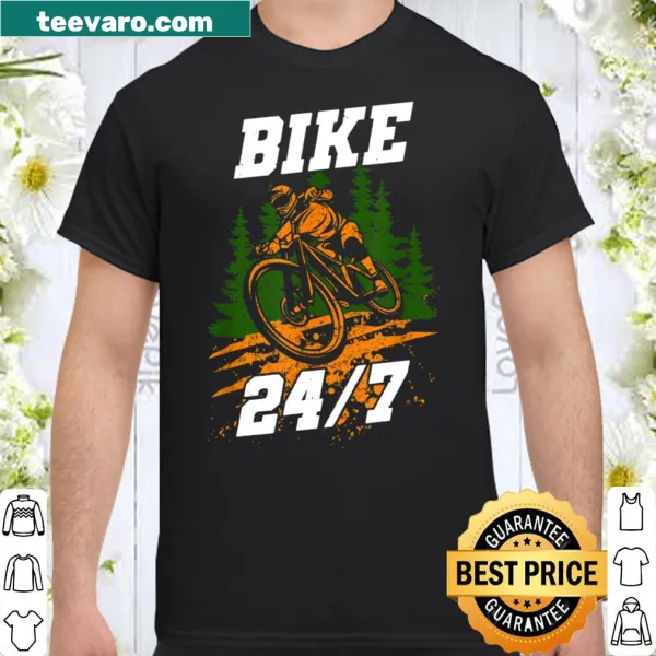 Funny mountain biking t-shirt with 'Bike 247' text.