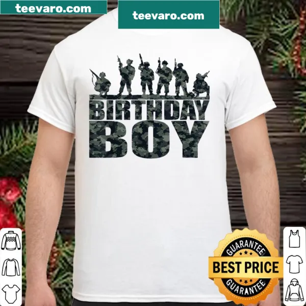 Camo birthday shirt for boys featuring military-themed illustrations