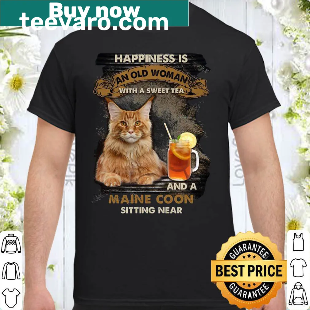 Illustrated shirt with an old woman, sweet tea, and a Maine Coon cat