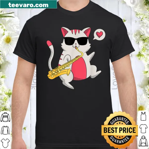 Cartoon cat playing saxophone on a shirt