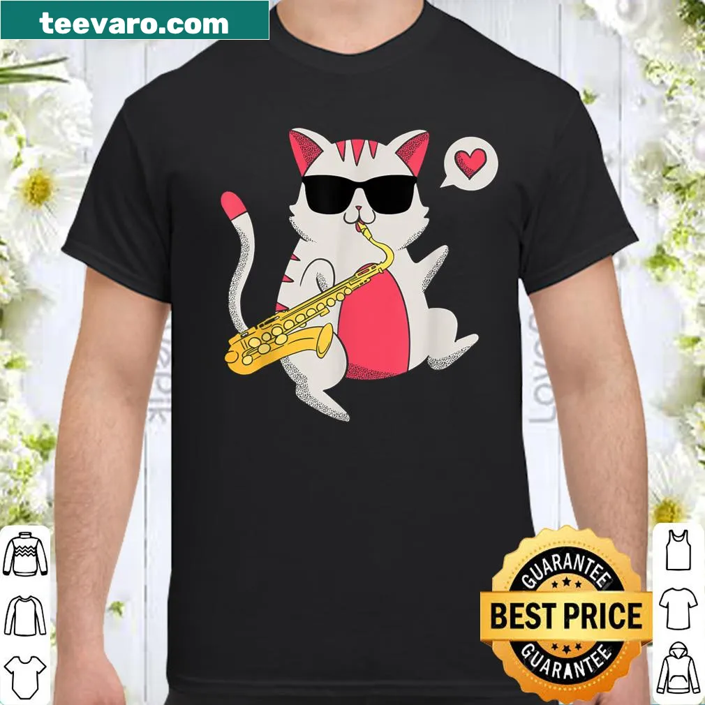 Cartoon cat playing saxophone on a shirt