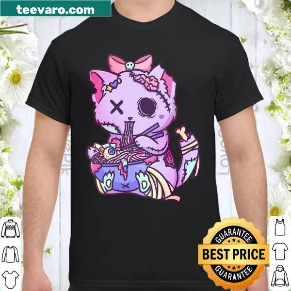 Cat in ramen bowl with pastel goth design