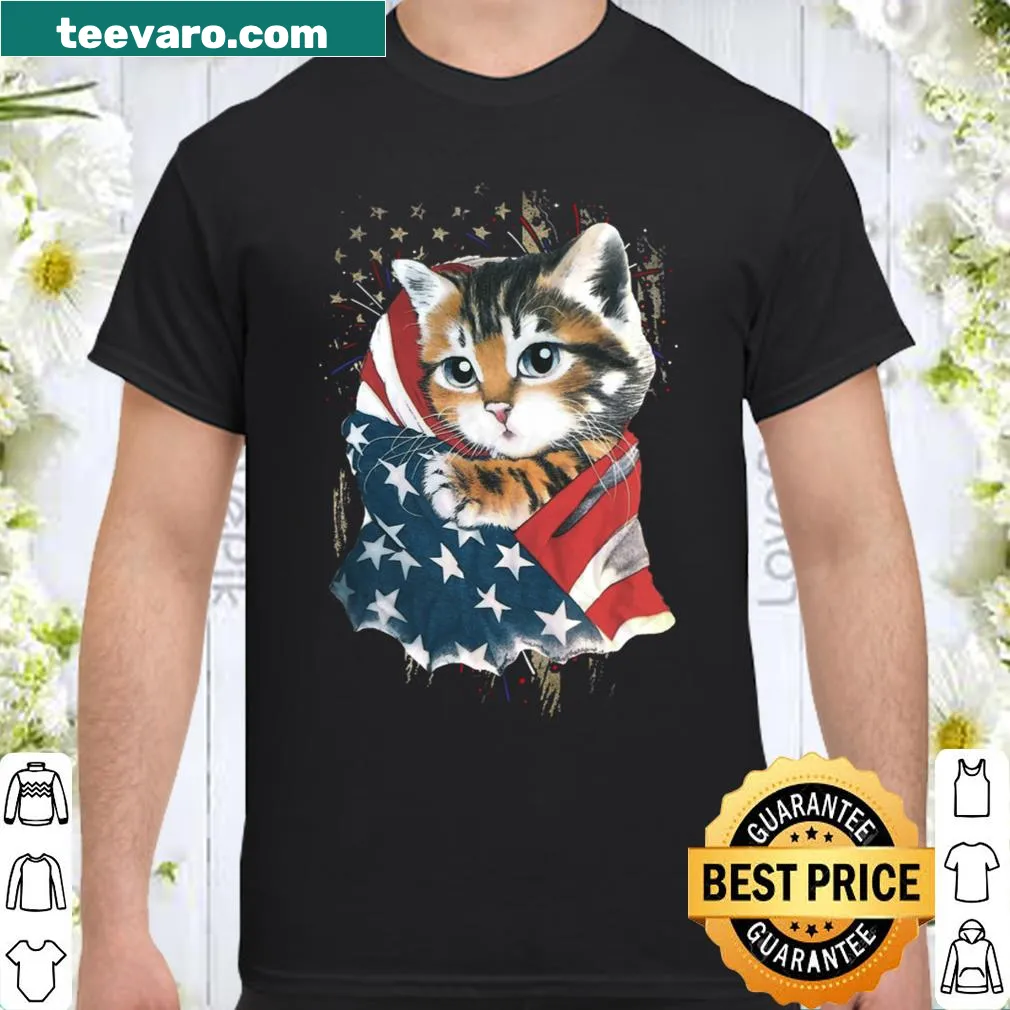 Patriotic cat lover t-shirt with American flag design