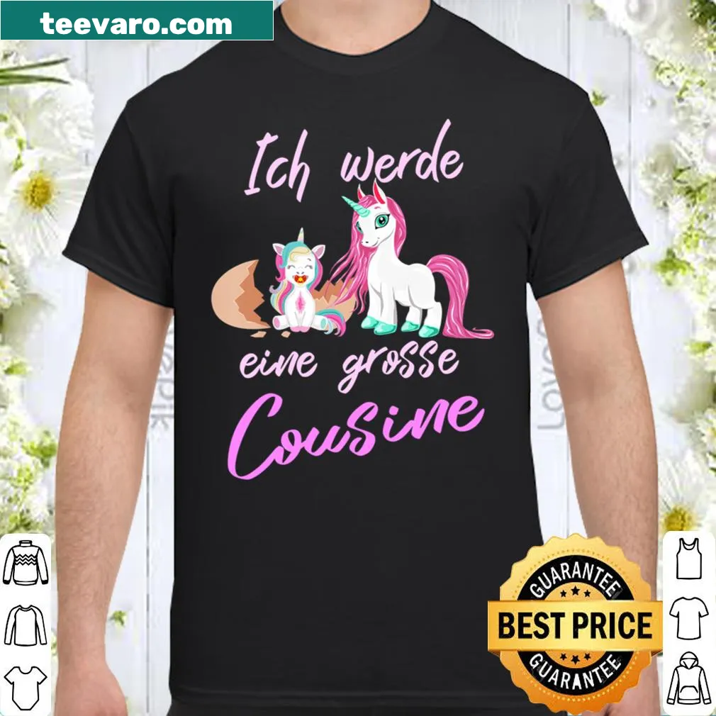 Children's T-shirt announcing 'Ich Werde Big Cousin' with unicorn design