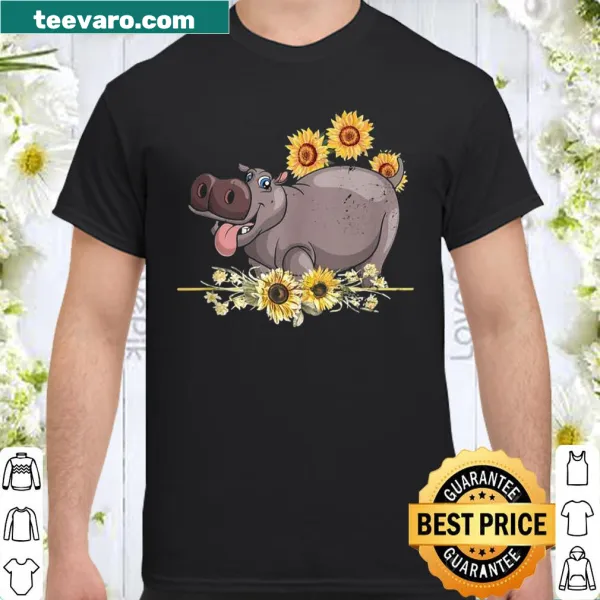 Adorable hippo design surrounded by sunflowers