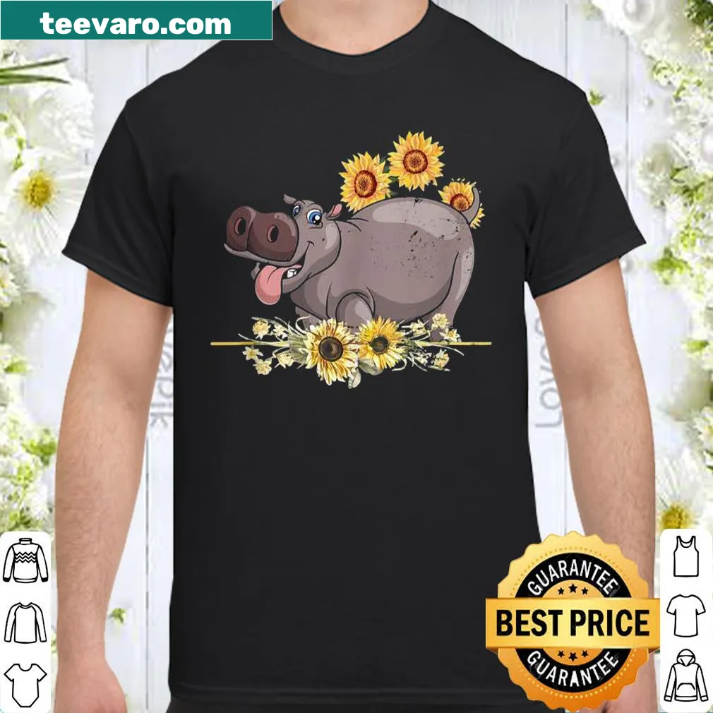 Adorable hippo design surrounded by sunflowers