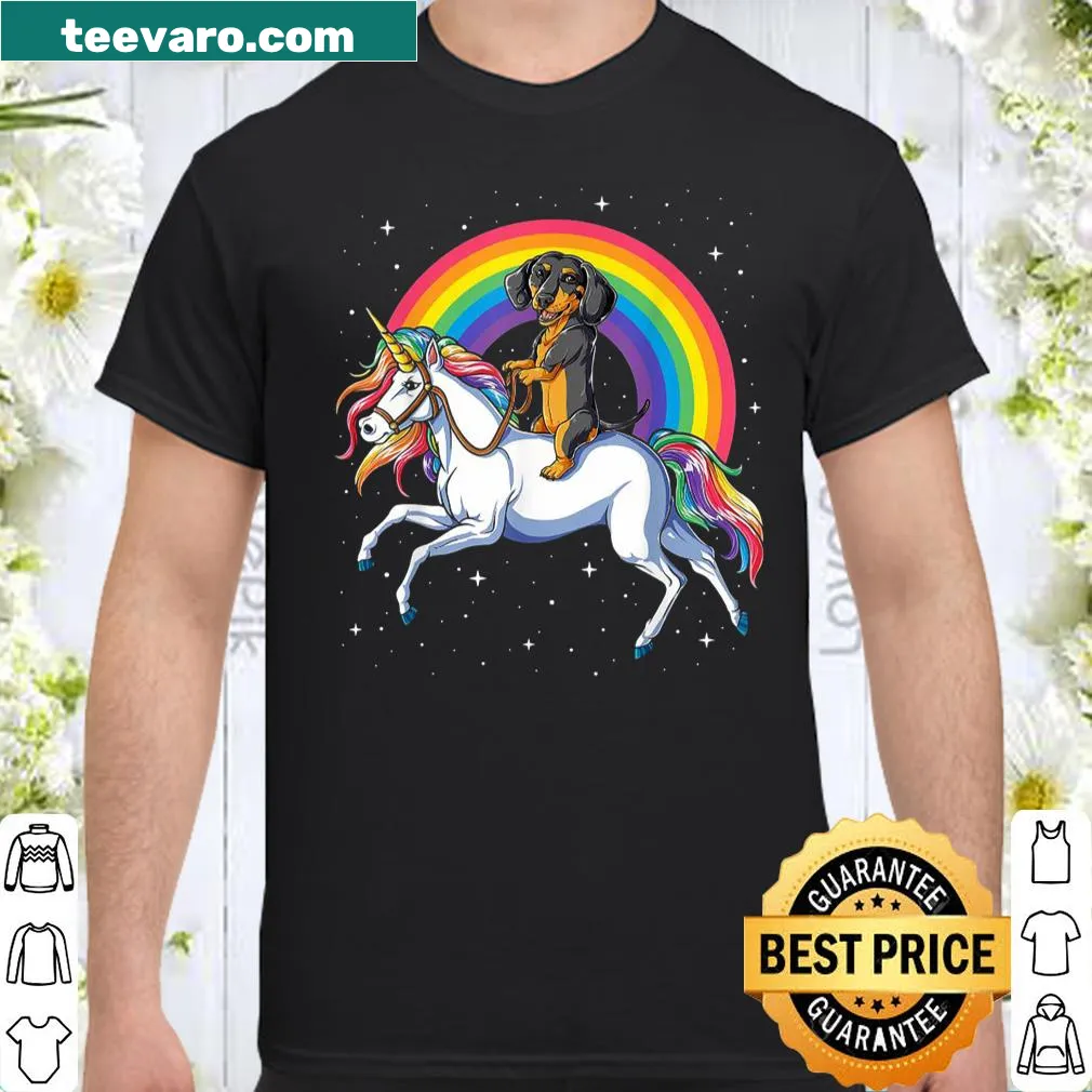 Whimsical shirt featuring a dachshund unicorn in a galaxy setting.