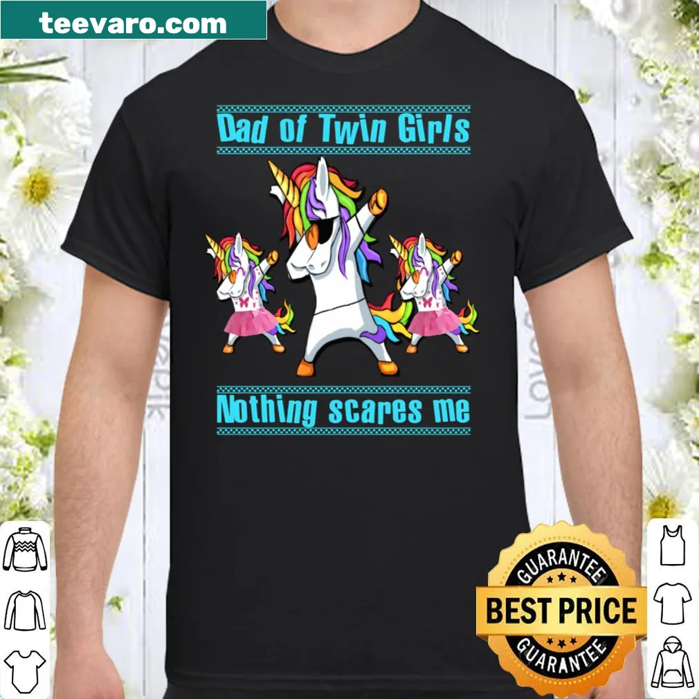 Funny t-shirt for dad featuring dabbing unicorn and text about twin girls