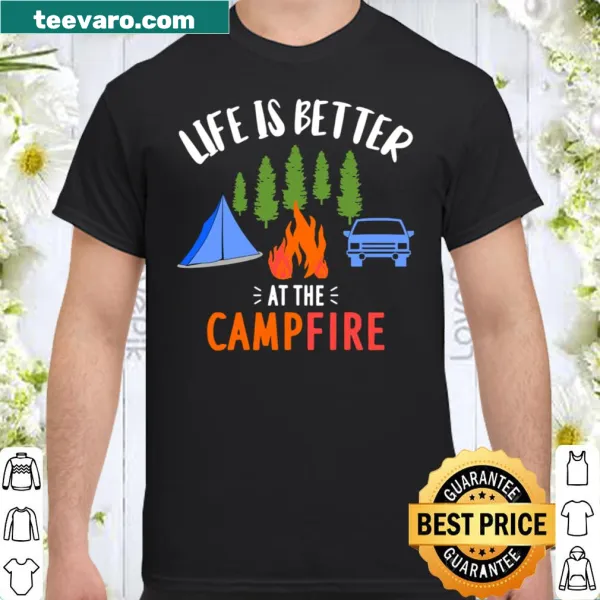 Illustrated camping shirt with the phrase 'Das Leben ist besser am Lagerfeuer'