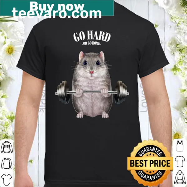 Cute T-shirt with a dwarf hamster lifting weights in a gym